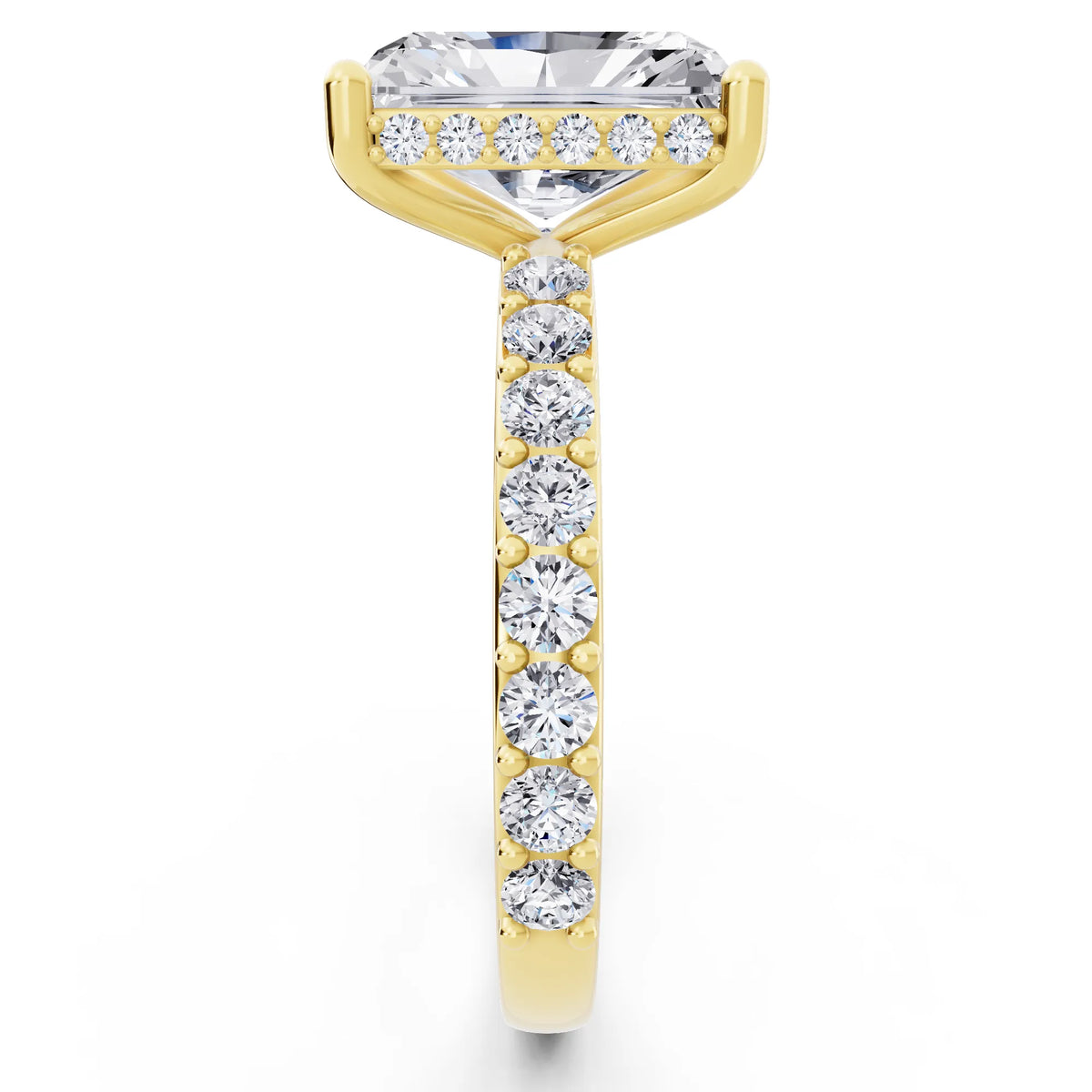 18 KT Yellow Gold Radiant Cut Diamond Solitaire Ring with Hidden Halo and Pave Band - side view