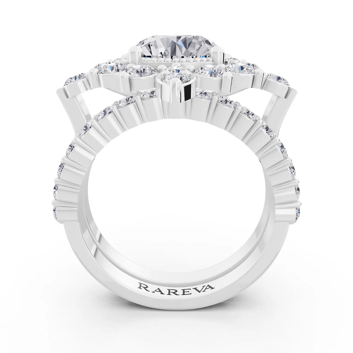 14 KT White Gold Round Cut Diamond Starburst Halo Ring - Through