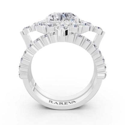 14 KT White Gold Round Cut Diamond Starburst Halo Ring - Through