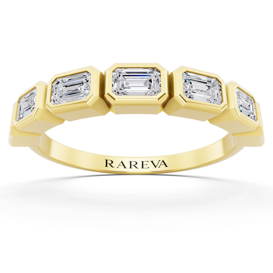 14K Yellow Gold Seven Stone Emerald Cut Bezel Set Diamond Half Eternity Wedding Band - 2mm - Front