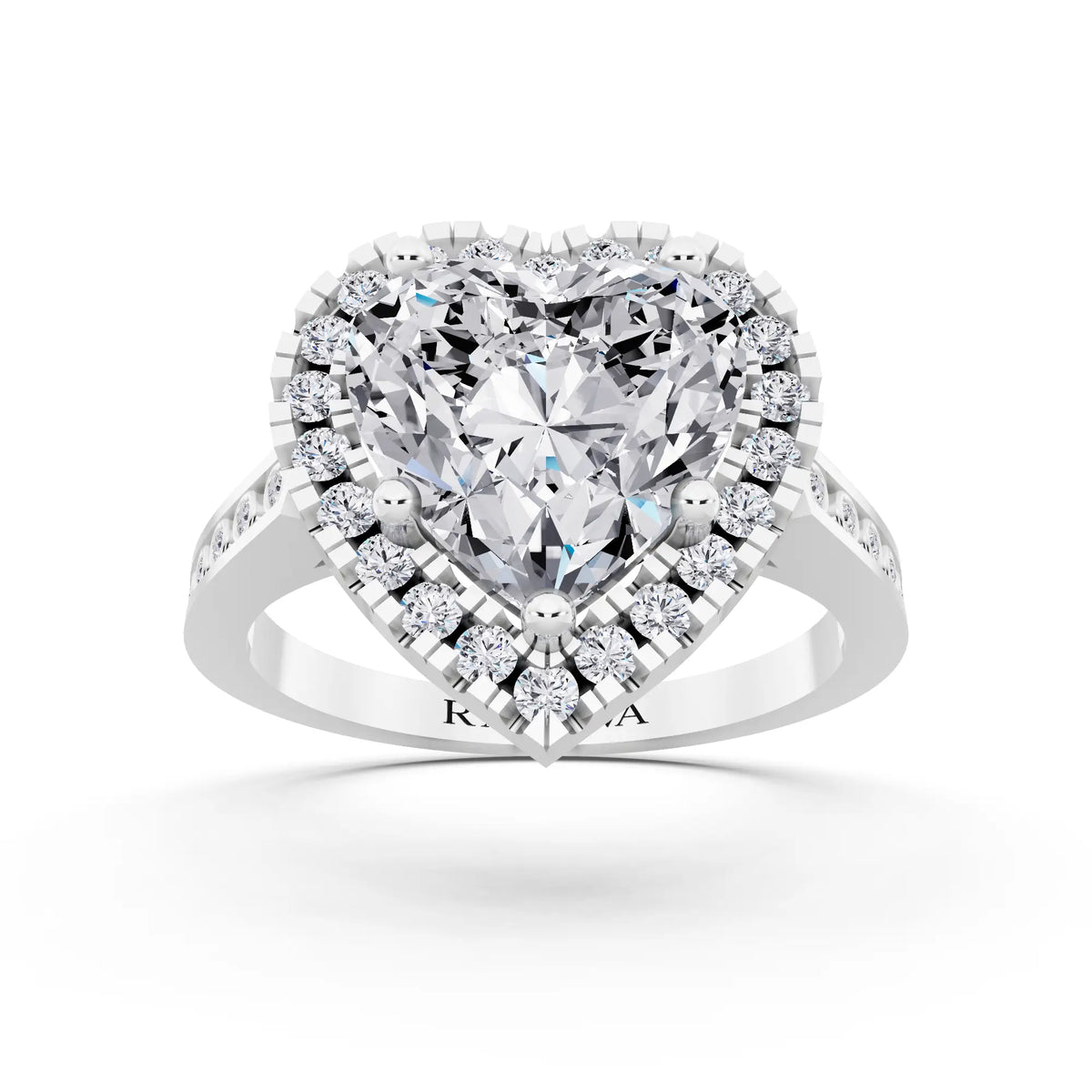 Platinum Heart Cut Diamond Halo Ring with Bezel Accent Band - front view