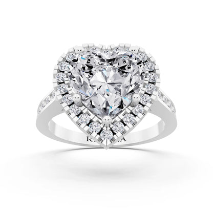 Platinum Heart Cut Diamond Halo Ring with Bezel Accent Band - front view