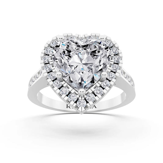Platinum Heart Cut Diamond Halo Ring with Bezel Accent Band - front view