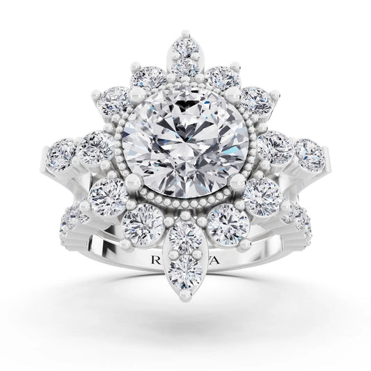 18 KT White Gold Round Cut Diamond Starburst Halo Ring - Front