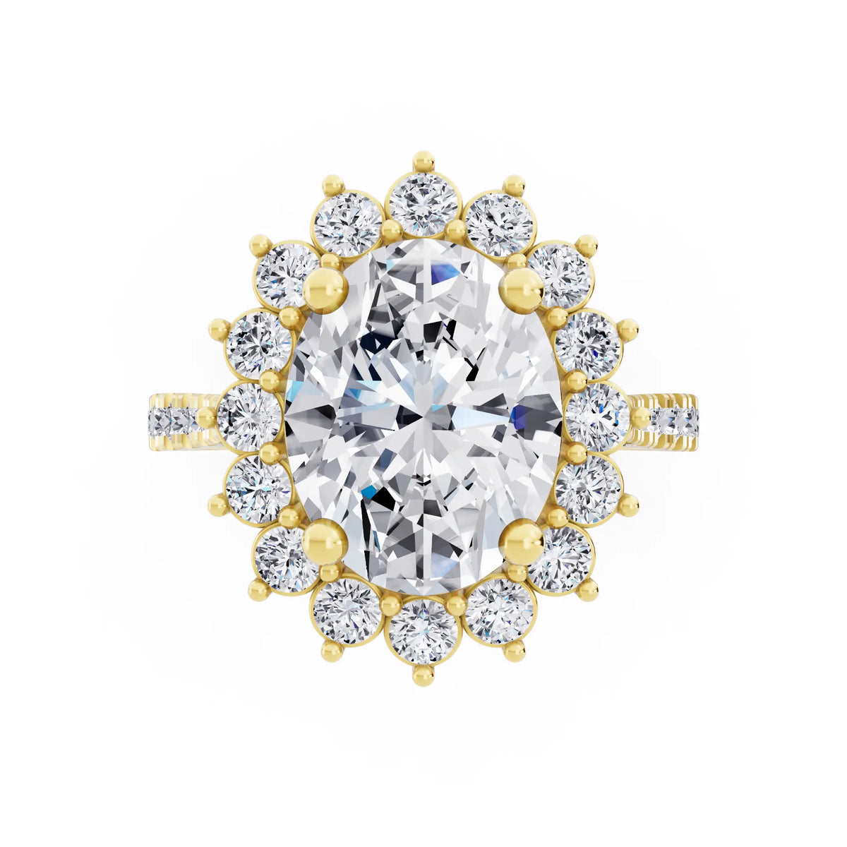 18 KT Yellow Gold Oval Cut Diamond Floral Halo Ring with Pave Band - Top down