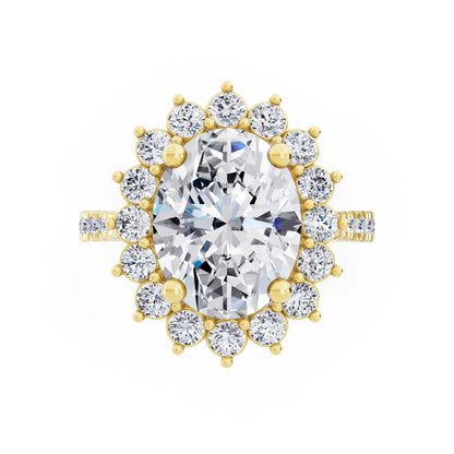 18 KT Yellow Gold Oval Cut Diamond Floral Halo Ring with Pave Band - Top down