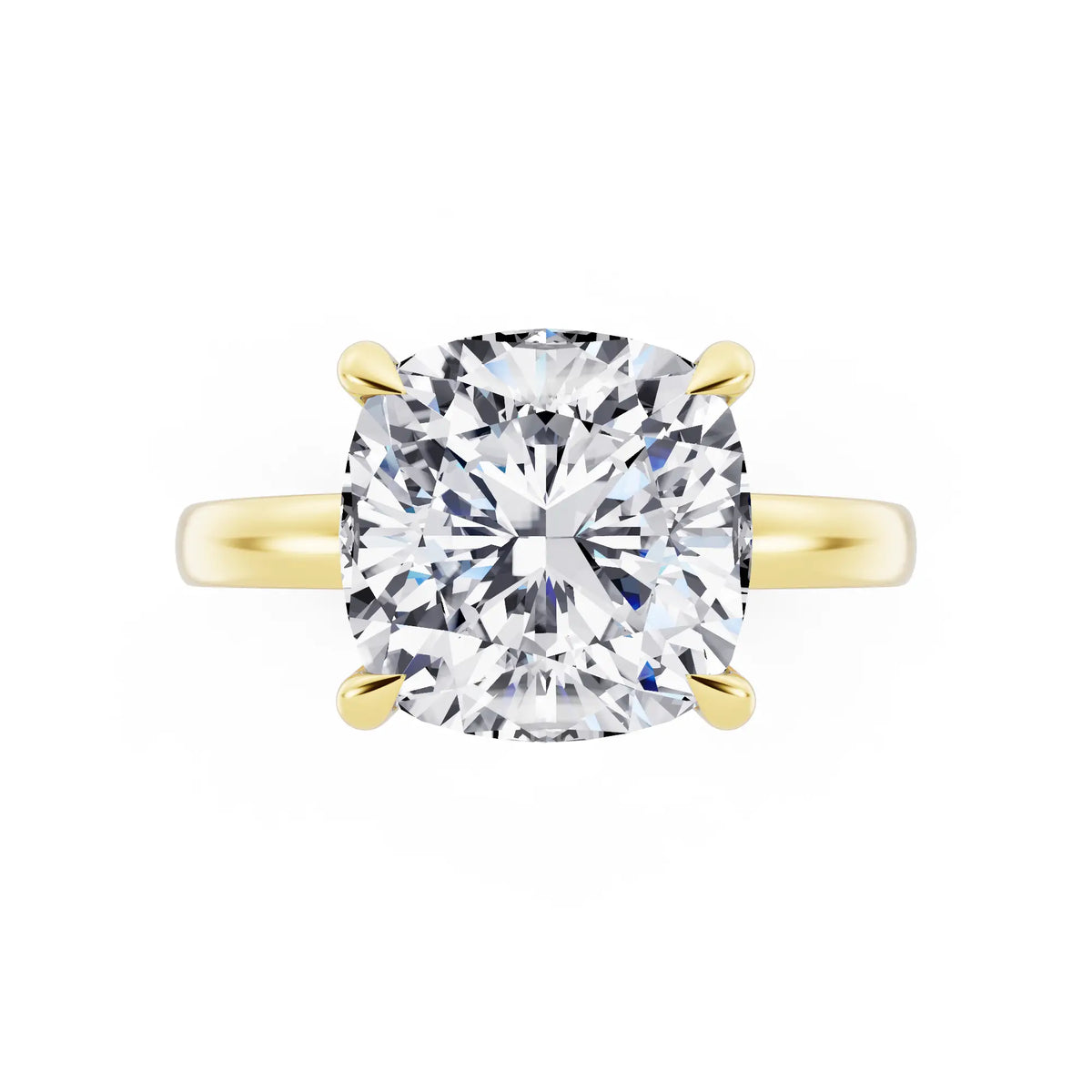 18 KT Yellow Gold Cushion Cut Diamond Solitaire Ring with Pave Collar - top angle