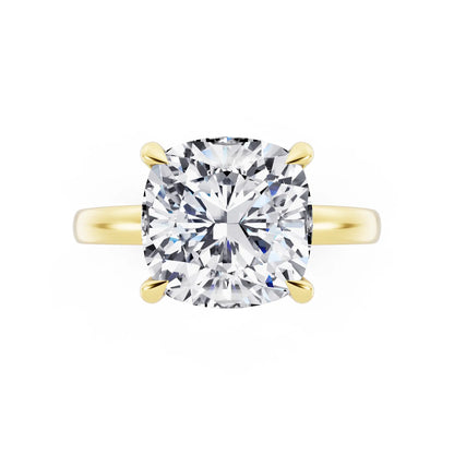 18 KT Yellow Gold Cushion Cut Diamond Solitaire Ring with Pave Collar - top angle