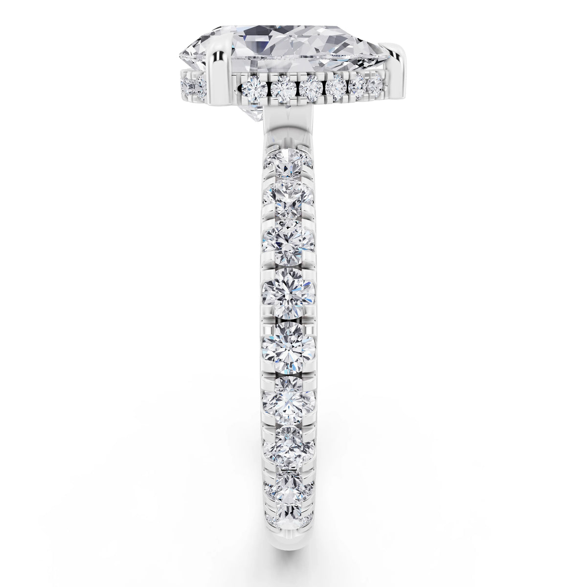 18 KT White Gold Pear Cut Diamond Solitaire Ring with Hidden Halo and French Pave Band - side view