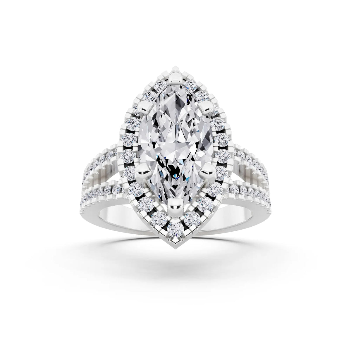 14 KT White Gold Marquise Cut Diamond Halo Ring with Pave Split Shank - front view