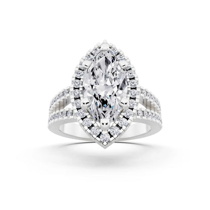 14 KT White Gold Marquise Cut Diamond Halo Ring with Pave Split Shank - front view