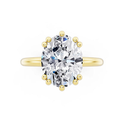 18 KT Yellow Gold Oval Cut Diamond Solitaire Ring with Hidden Accent Basket - top angle
