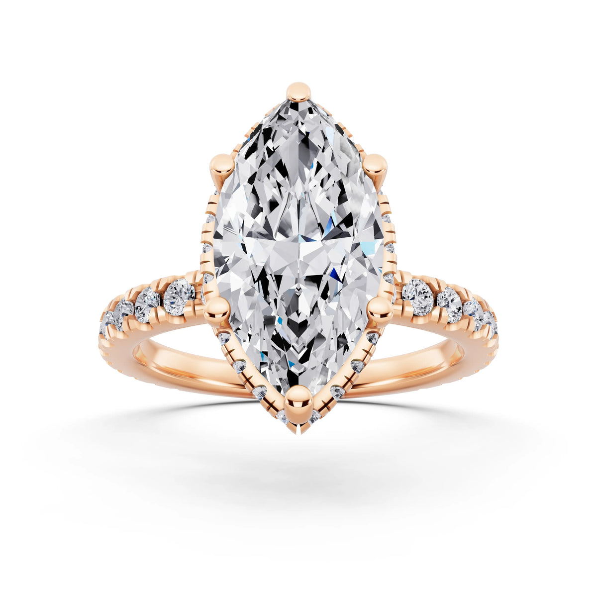 18 KT Rose Gold Marquise Cut Diamond Hidden Halo Ring with Pave Band - front view