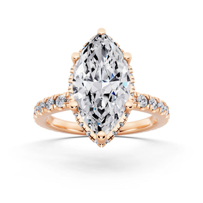 18 KT Rose Gold Marquise Cut Diamond Hidden Halo Ring with Pave Band - front view