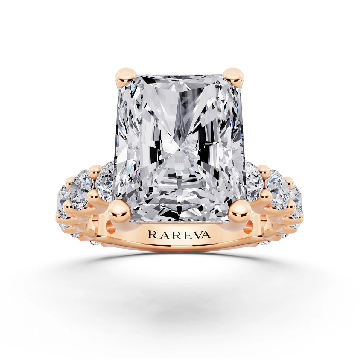 18 KT Rose Gold Radiant Cut Diamond Ring with Shared Prong Eternity Band - front view