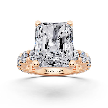 18 KT Rose Gold Radiant Cut Diamond Ring with Shared Prong Eternity Band - front view