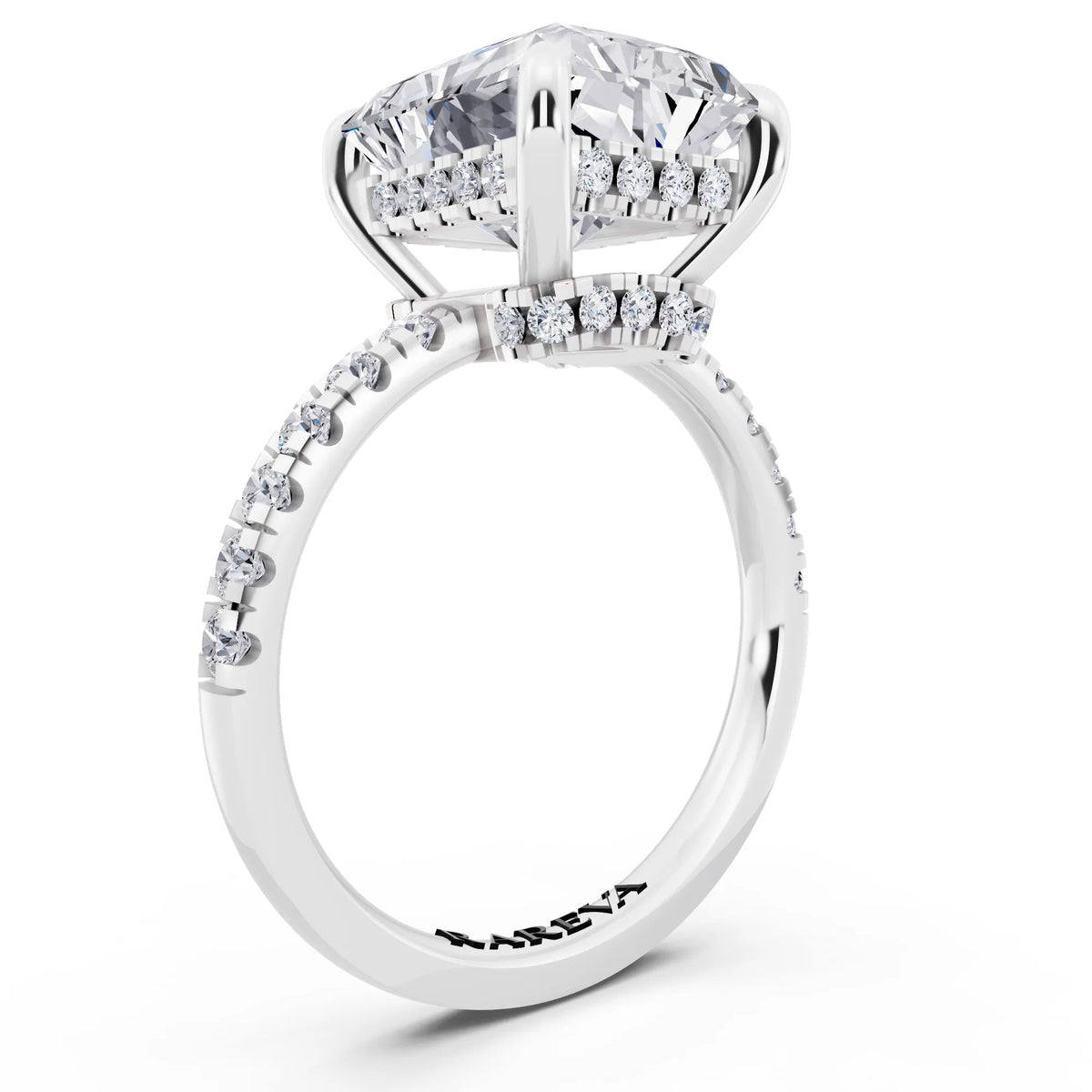 14 KT White Gold Radiant Cut Diamond Hidden Halo Tiger Prong Pave Band Ring - top view