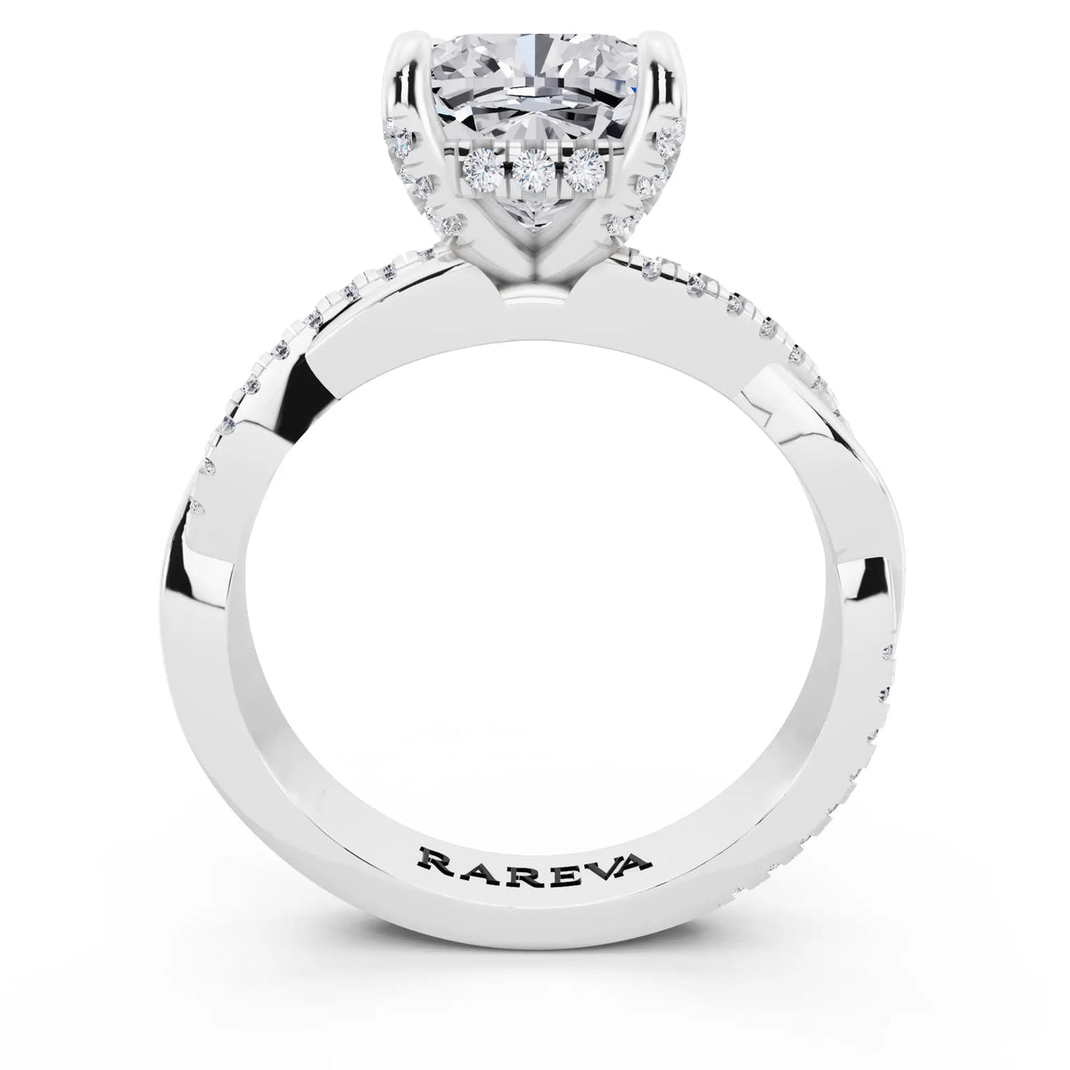 Platinum Cushion Cut Diamond Hidden Halo Ring with Twisted Pave Band - through finger