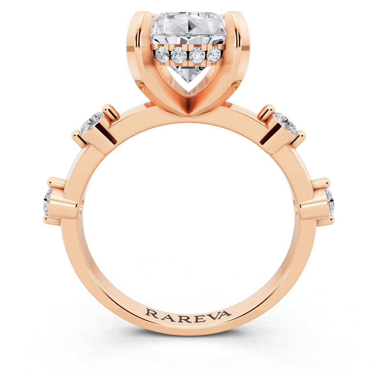 18 KT Rose Gold Pear Cut Diamond Solitaire Ring with Floating Diamond Accents - through finger