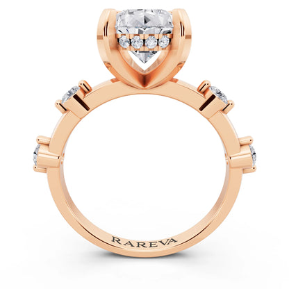 18 KT Rose Gold Pear Cut Diamond Solitaire Ring with Floating Diamond Accents - through finger