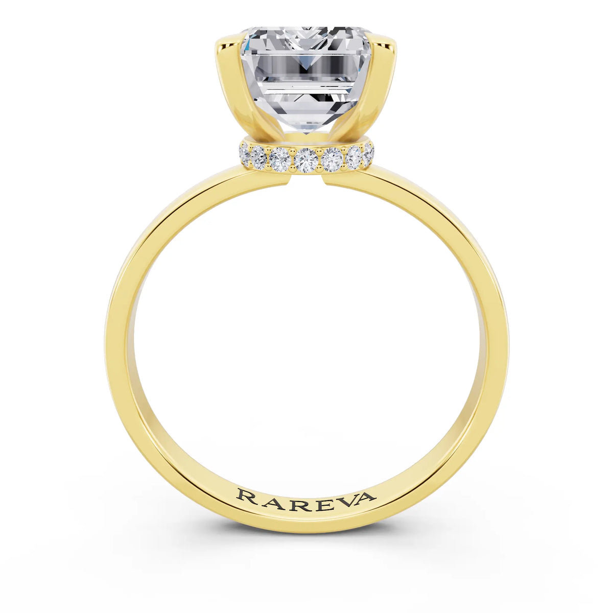 18 KT Yellow Gold Emerald Cut Diamond Solitaire Ring with Pave Collar - through finger