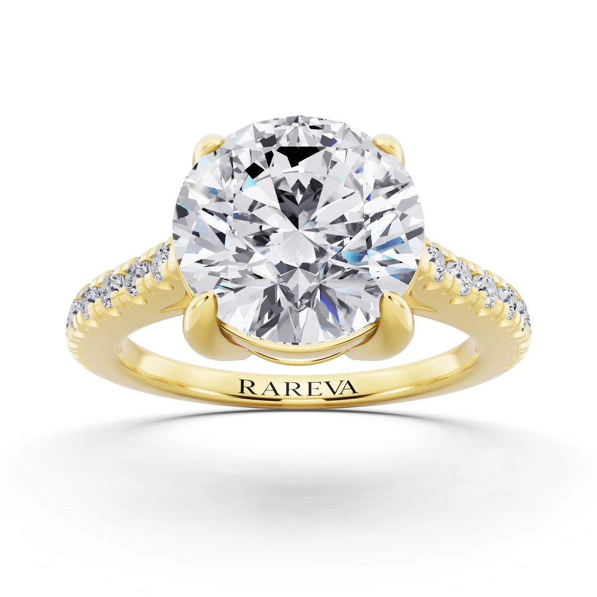 14 KT Yellow Gold Round Cut Diamond Claw Prong Solitaire Ring with French Pave Band - front view