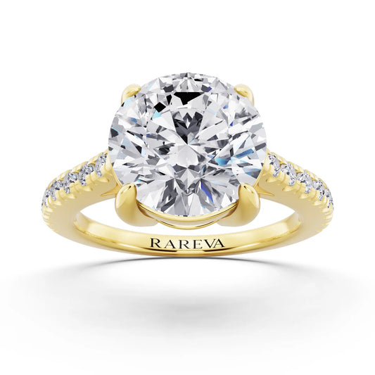 14 KT Yellow Gold Round Cut Diamond Claw Prong Solitaire Ring with French Pave Band - front view