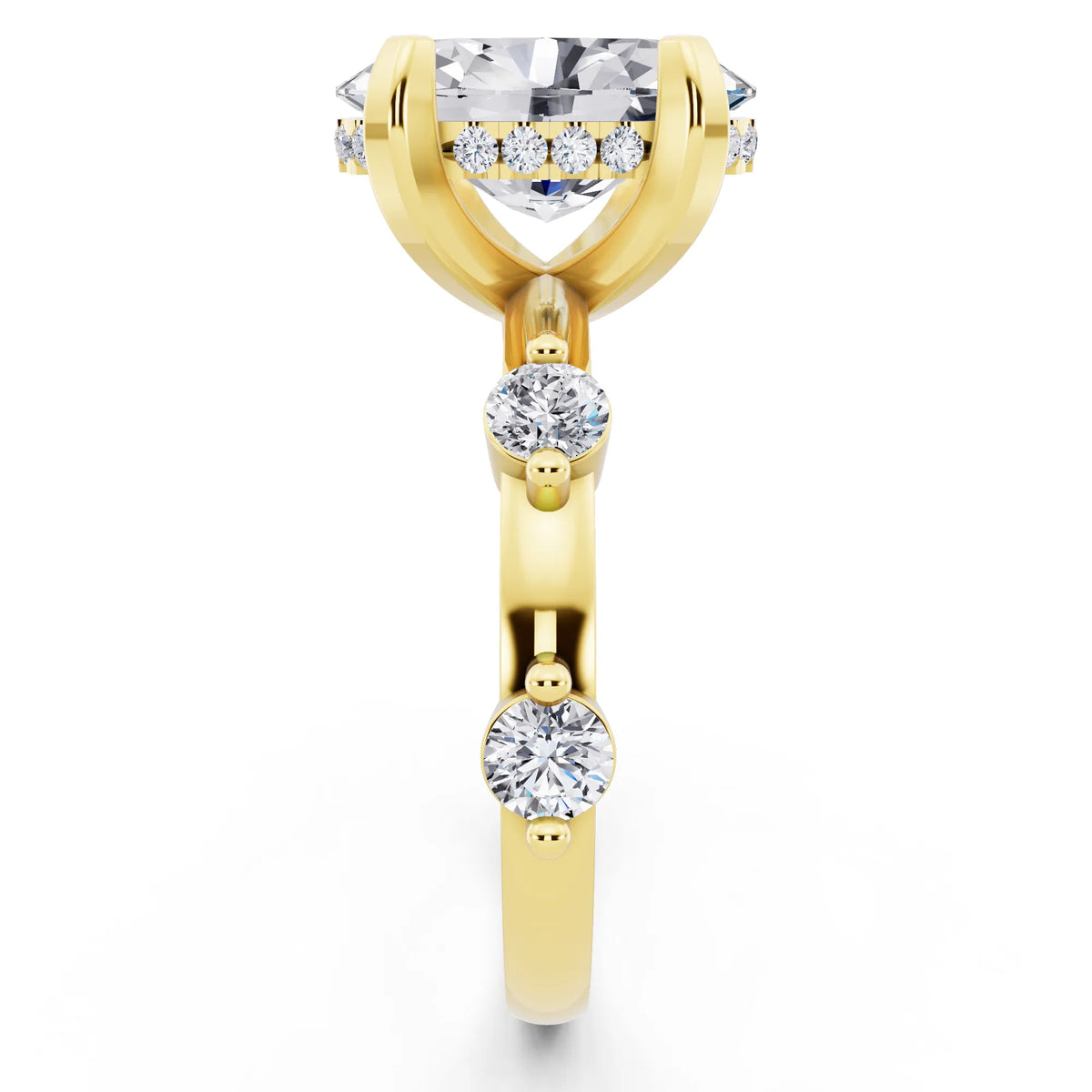 14 KT Yellow Gold Oval Cut Diamond Solitaire Ring with Floating Diamond Accents - side view