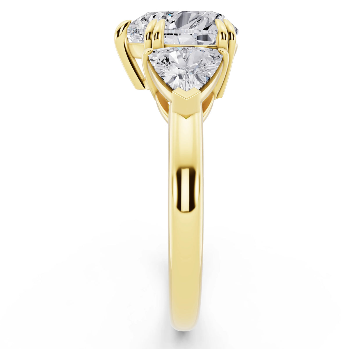 14 KT Yellow Gold Heart Cut Diamond Three Stone Ring with Trillion Accents - side view