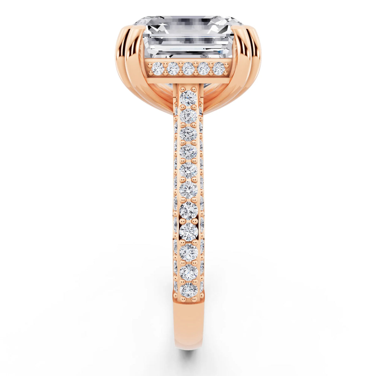 14 KT Rose Gold Asscher Cut Diamond Hidden Halo Double Claw Pave Band Ring - side view
