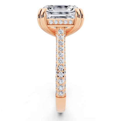 14 KT Rose Gold Asscher Cut Diamond Hidden Halo Double Claw Pave Band Ring - side view