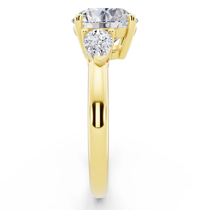18 KT Yellow Gold Round Cut Diamond Three Stone Pear Accent Ring - side view
