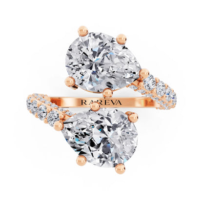 14 KT Rose Gold Pear Cut Diamond Two Stone Ring with Pave Band - Top down