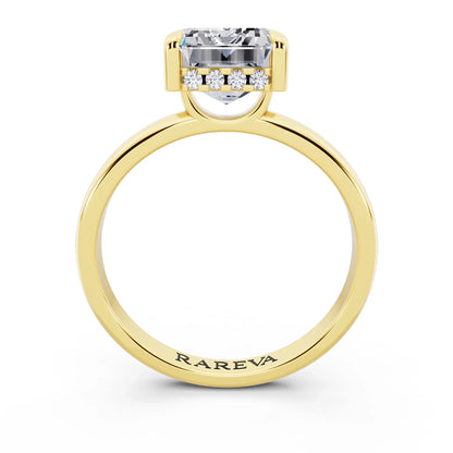 18 KT Yellow Gold Emerald Cut Diamond Solitaire Ring with Hidden Halo - through finger