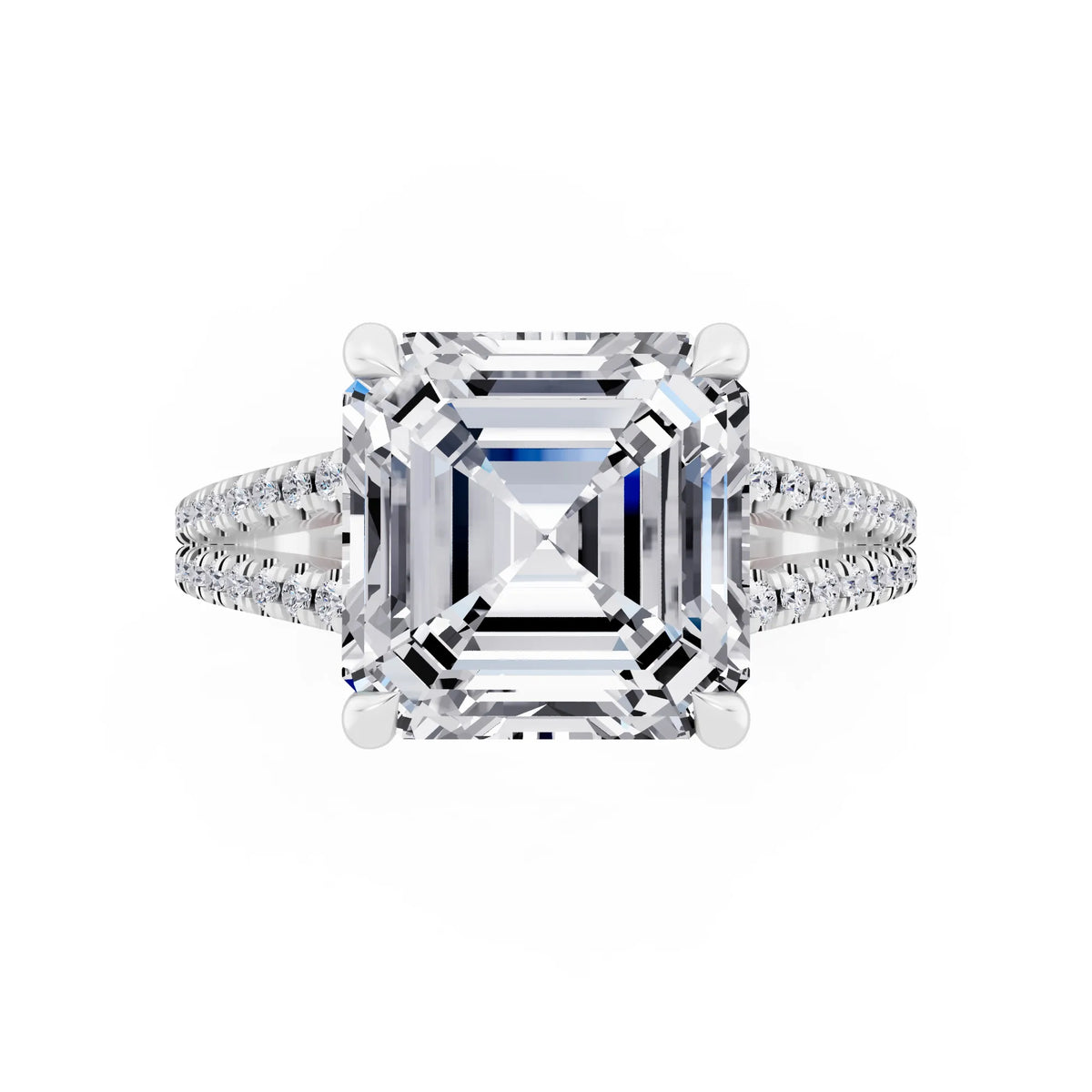 14 KT White Gold Asscher Cut Diamond Ring with Pavé Split Shank - top angle