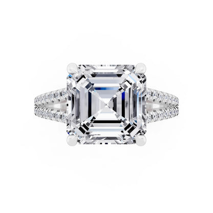 14 KT White Gold Asscher Cut Diamond Ring with Pavé Split Shank - top angle
