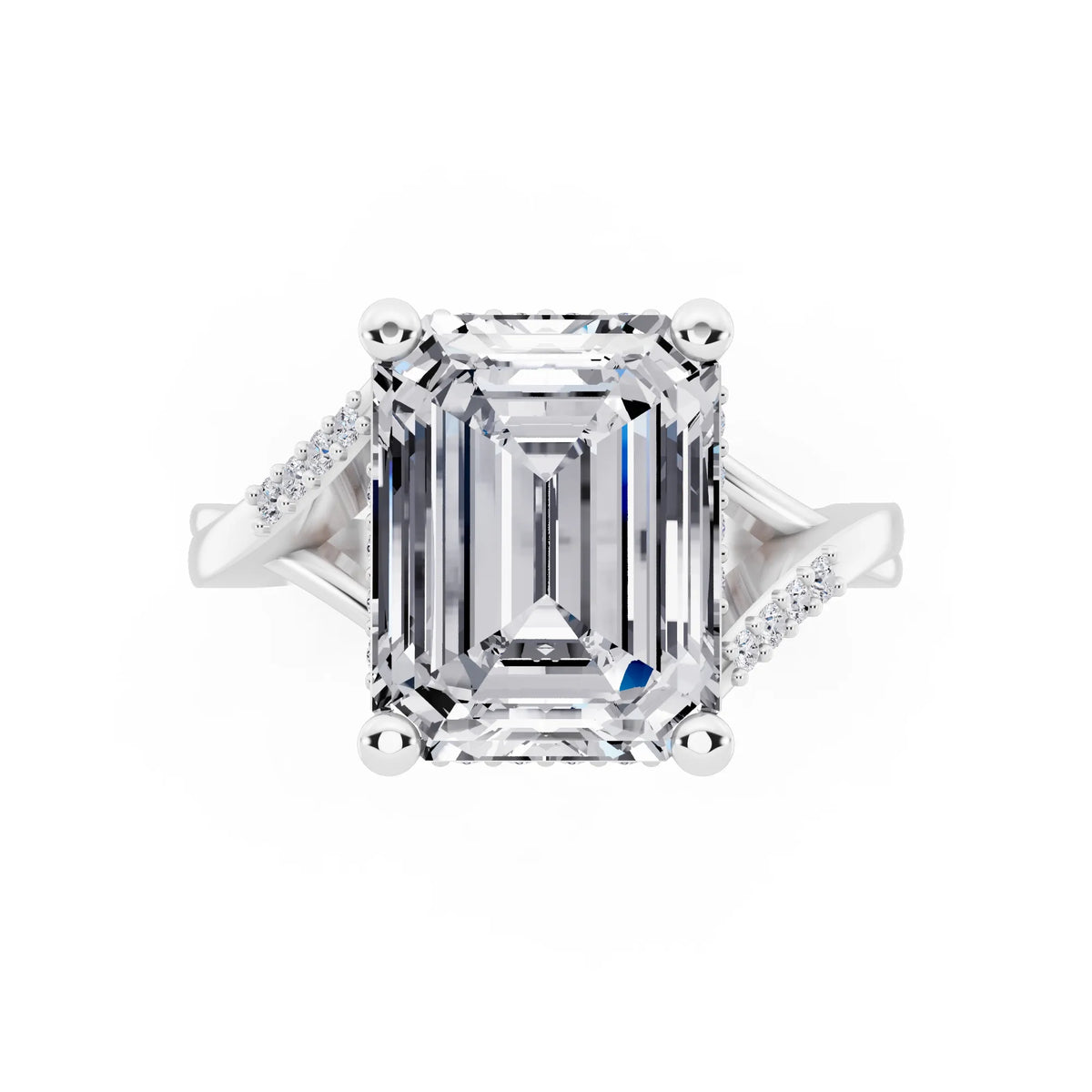 14 KT White Gold Emerald Cut Diamond Split Shank Engagement Ring with Hidden Halo - top angle