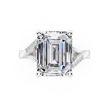 14 KT White Gold Emerald Cut Diamond Split Shank Engagement Ring with Hidden Halo - top angle