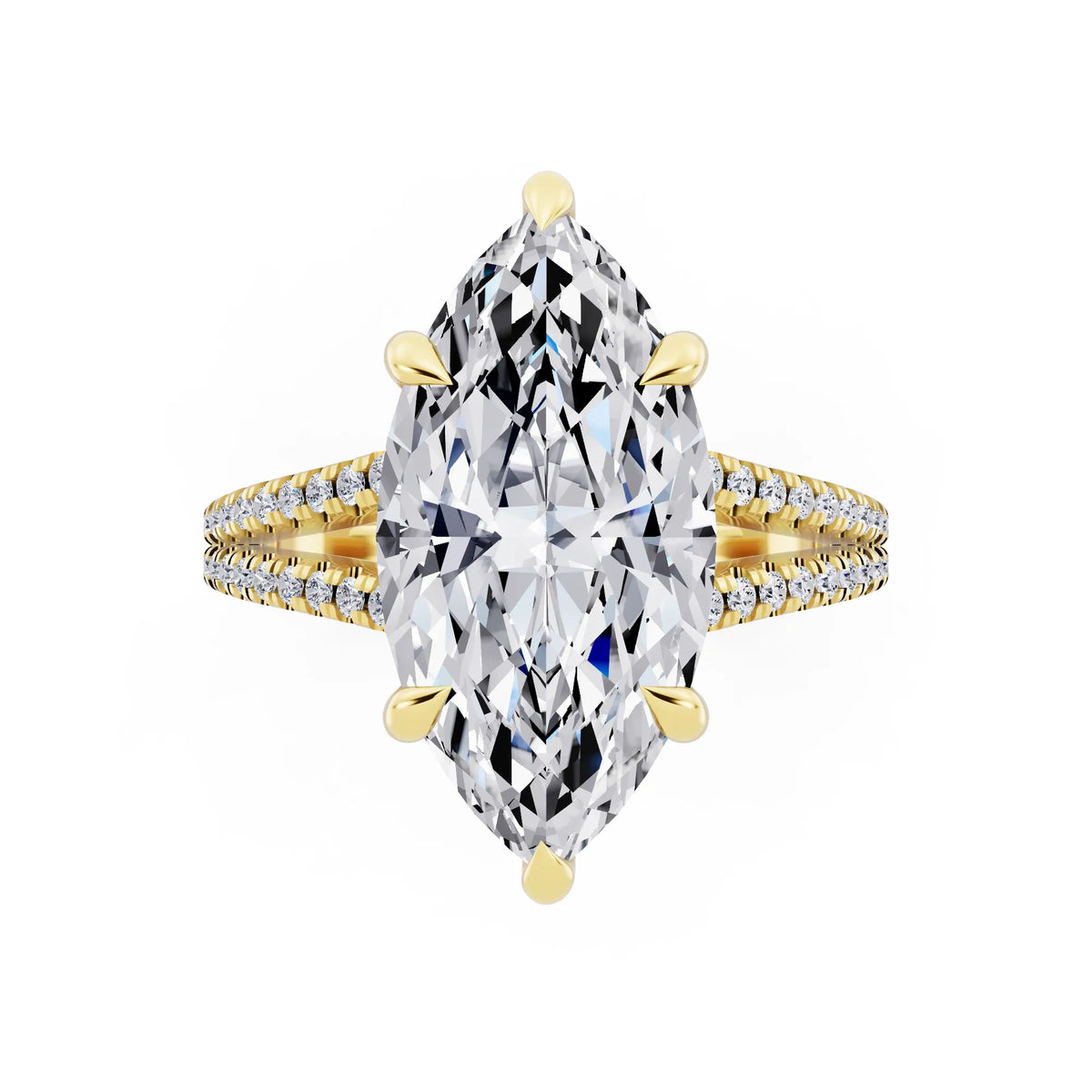 18 KT Yellow Gold Marquise Cut Diamond Ring with Pavé Split Shank - top angle