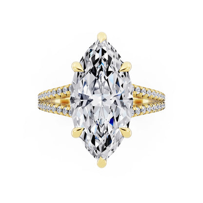 18 KT Yellow Gold Marquise Cut Diamond Ring with Pavé Split Shank - top angle