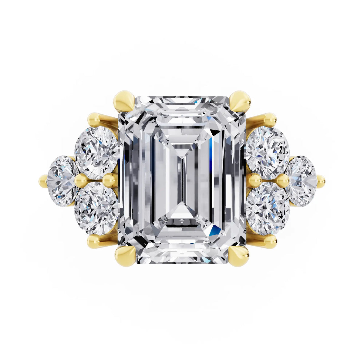 14 KT Yellow Gold Emerald Cut Diamond Cluster Ring with Round Accents - Top down