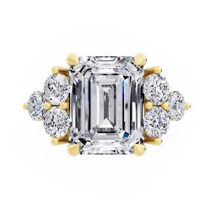 14 KT Yellow Gold Emerald Cut Diamond Cluster Ring with Round Accents - Top down