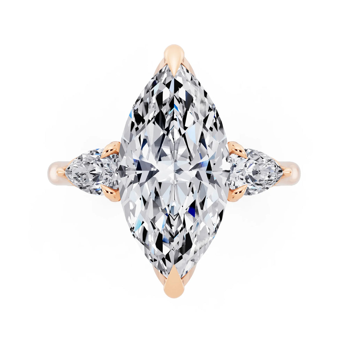 14 KT Rose Gold Marquise Cut Diamond Cluster Engagement Ring with Pear Accents and Pavé Band - top angle