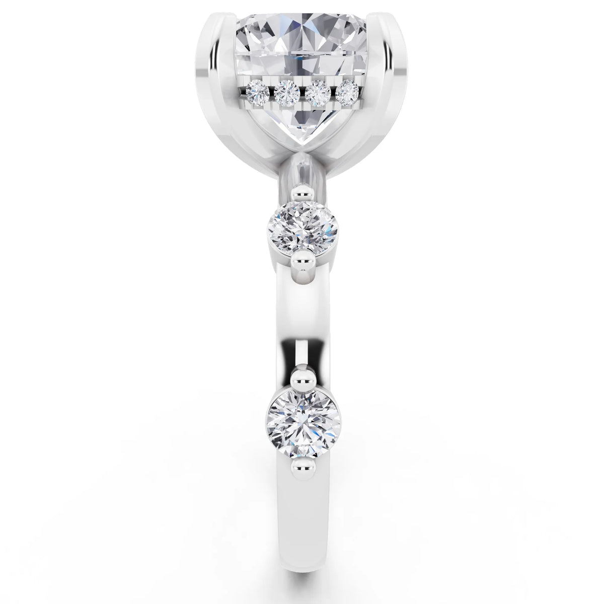 18 KT White Gold Round Cut Diamond Solitaire Ring with Floating Diamond Accents - side view