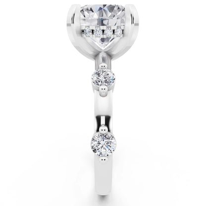 18 KT White Gold Round Cut Diamond Solitaire Ring with Floating Diamond Accents - side view