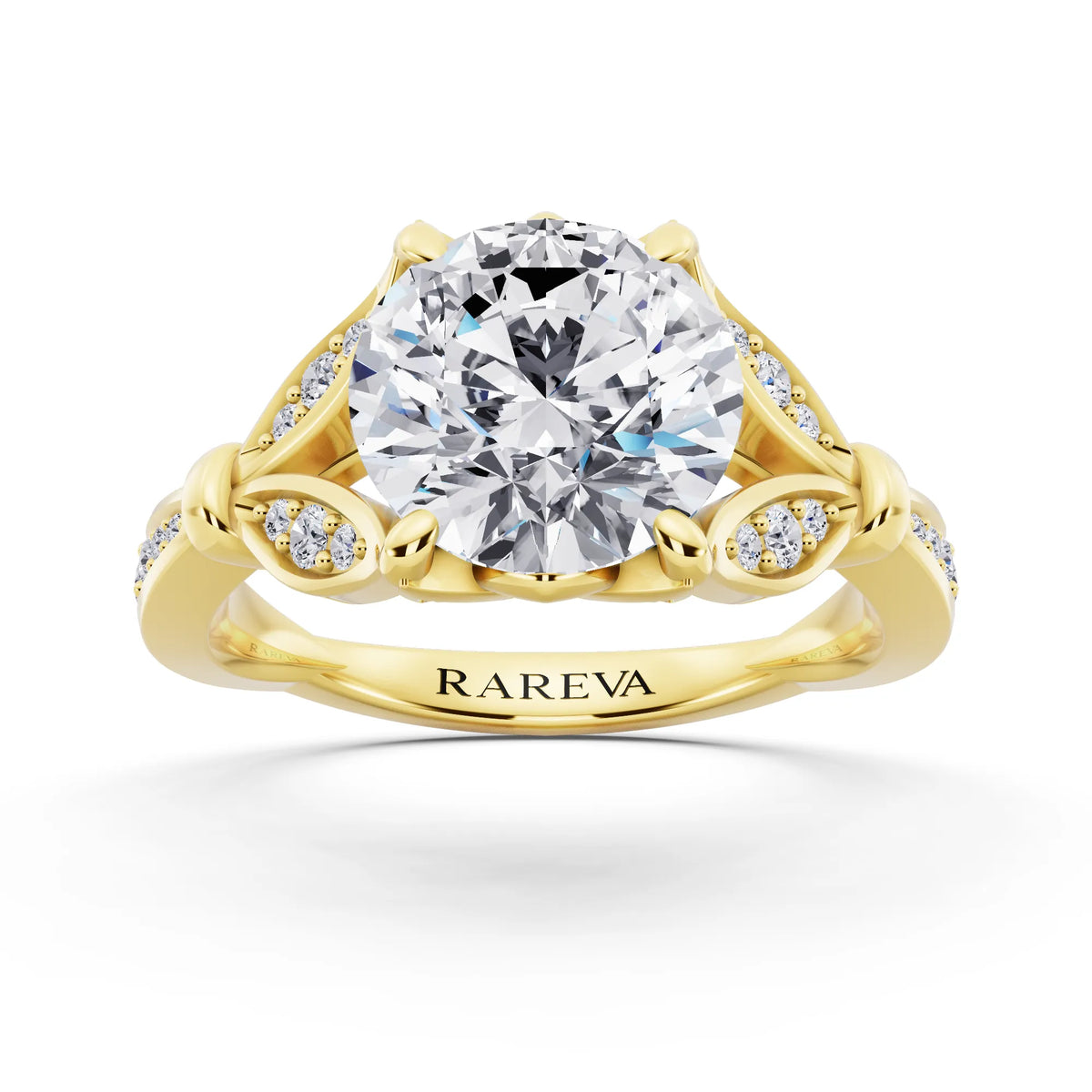 18 KT Yellow Gold Round Cut Diamond Ring with Lotus Collar - front view