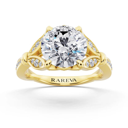 18 KT Yellow Gold Round Cut Diamond Ring with Lotus Collar - front view