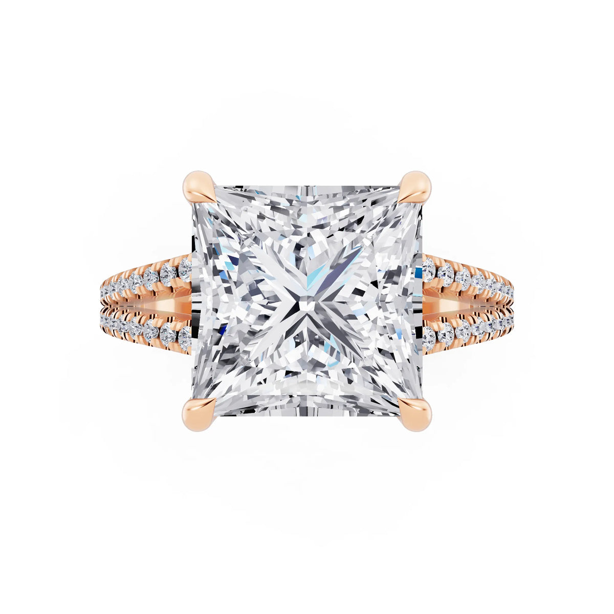 18 KT Rose Gold Princess Cut Diamond Ring with Pavé Split Shank - top angle