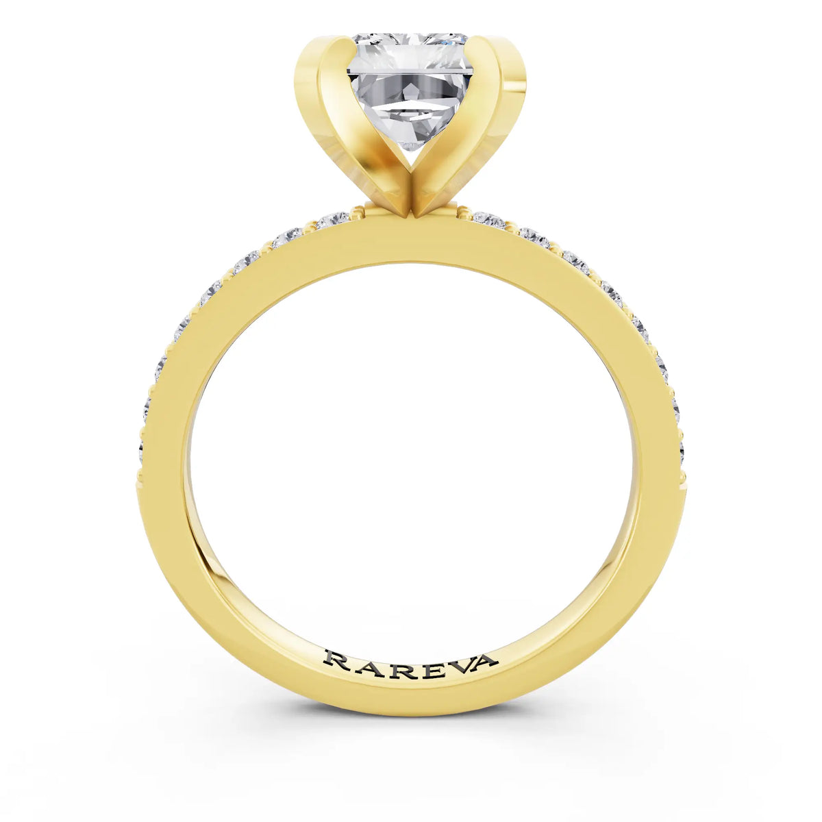 18 KT Yellow Gold Radiant Cut Diamond Solitaire Ring with Pave Shank - through finger