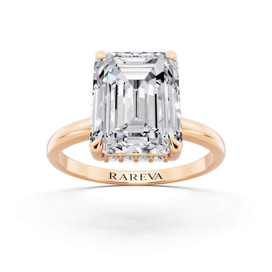 18 KT Rose Gold Emerald Cut Diamond Hidden Halo Solitaire Ring - front view